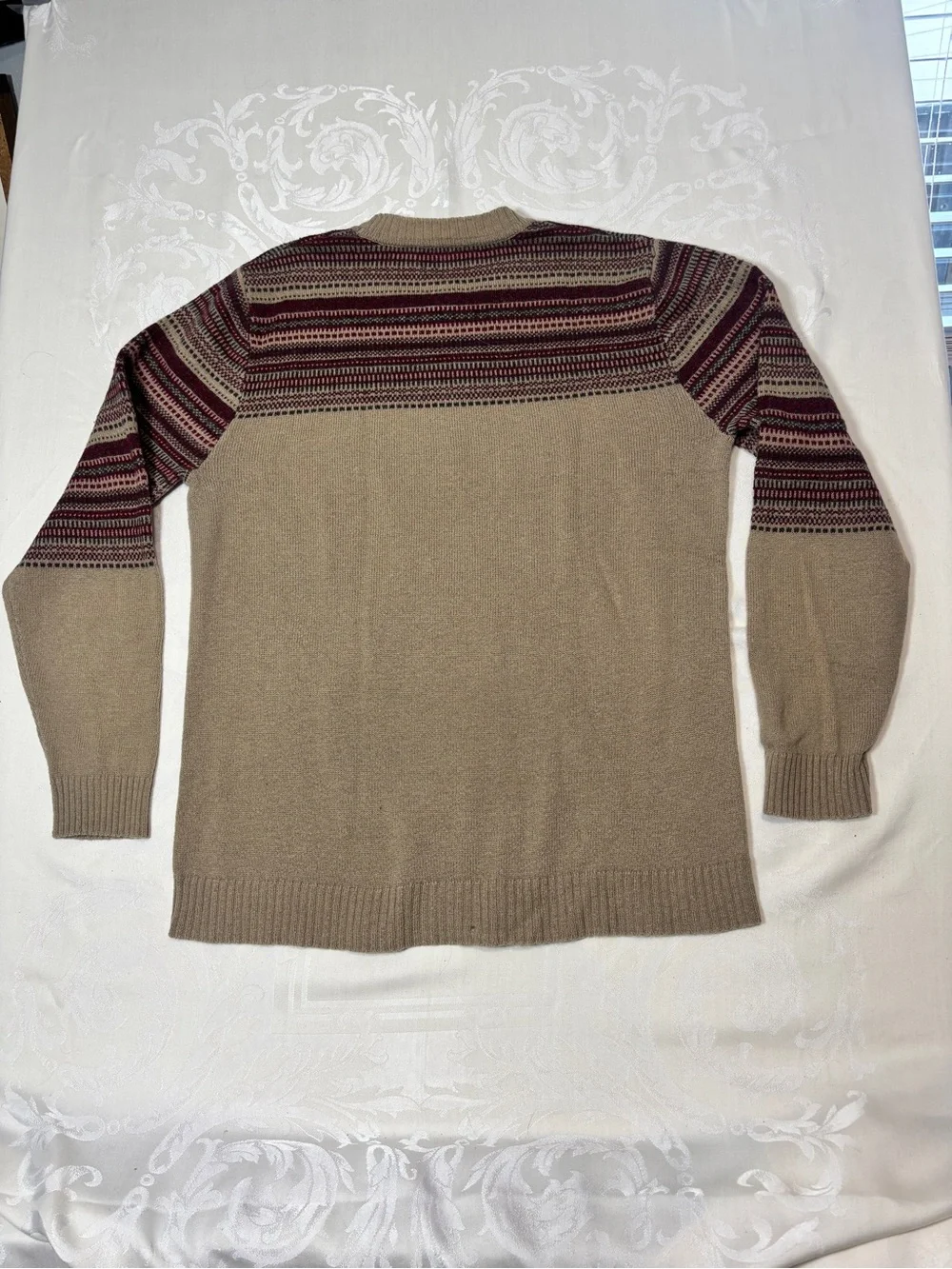 Patagonia Crewneck Sweater in Beige with Burgundy Fair Isle Yoke